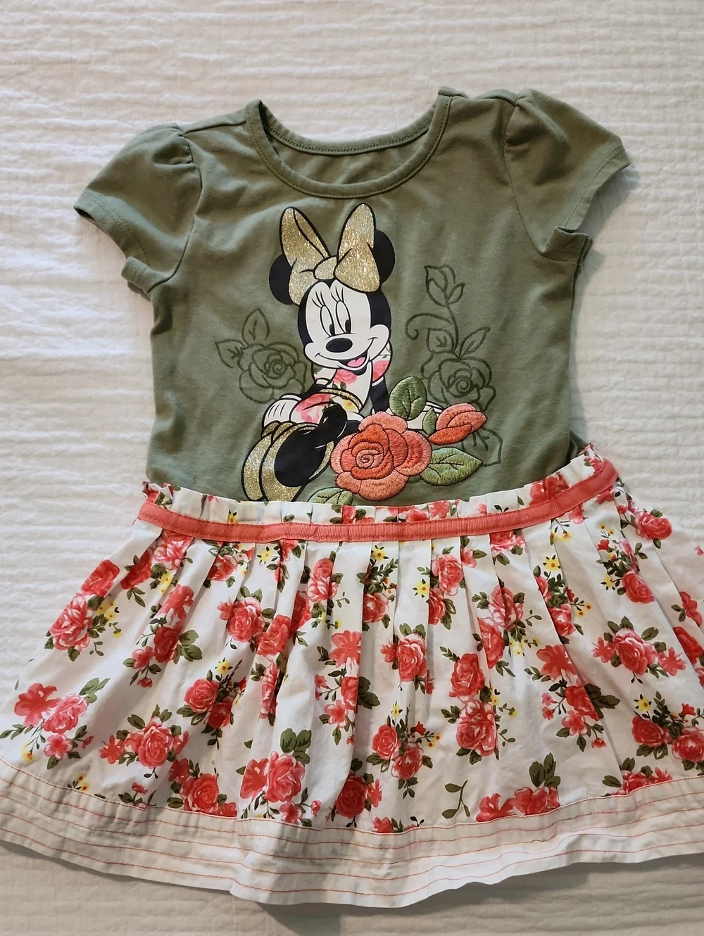 Disney Olive Green Top with Coral Floral Skirt Dress